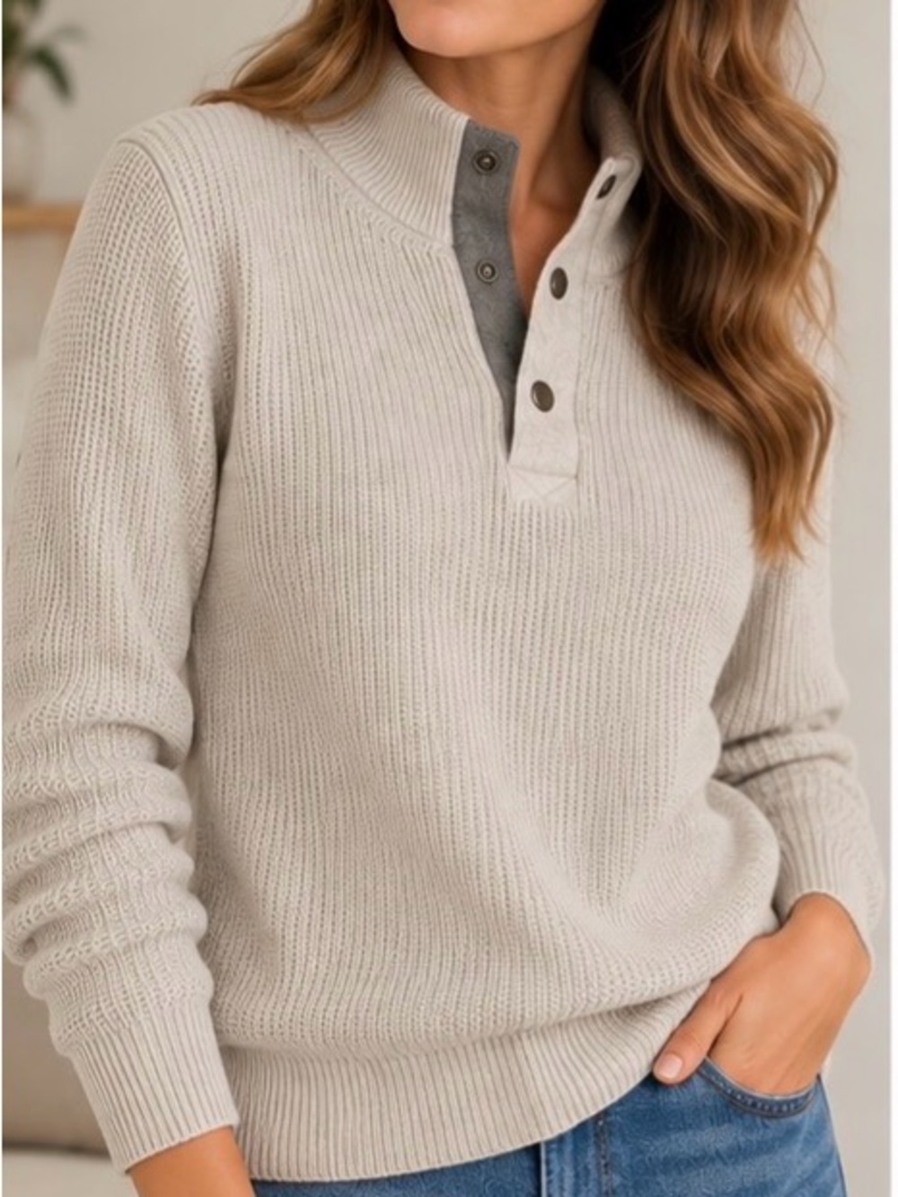 Express Women’s Ribbed Cotton Mock Neck 3-Snap Sweater M